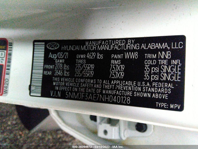 2022 HYUNDAI TUCSON SEL VIN: 5NMJF3AE7NH040128