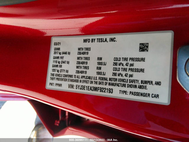 Tesla Model 3 Standard Range Plus 2021 5YJ3E1EA3MF922193 Image 9