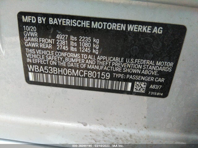 2021 BMW 5 Series, VIN: WBA53BH06MCF80159