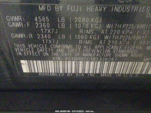 4S4BRBCC1B3336267 Subaru Outback 2.5i Prem Awp