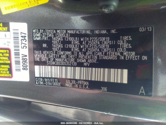 2013 TOYOTA SIENNA SE VIN: 5TDXK3DC0DS352139