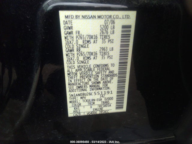 2006 NISSAN XTERRA S VIN: 5N1AN08U26C551191