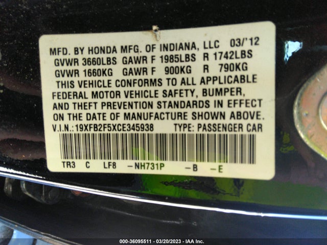 Honda Civic Sdn Lx 2012 19XFB2F5XCE345938 Image 9