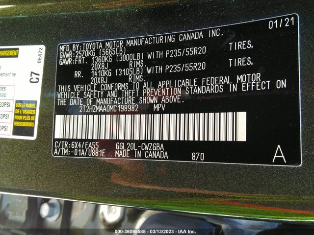 2021 LEXUS RX RX 350 VIN: 2T2HZMAA0MC198982