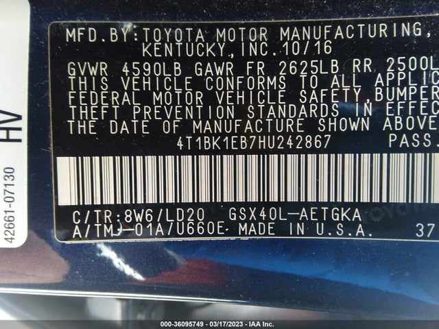 2017 Toyota Avalon, VIN: 4T1BK1EB7HU242867