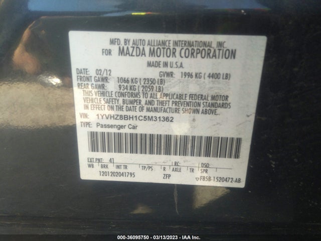 2012 MAZDA MAZDA6 I SPORT VIN: 1YVHZ8BH1C5M31362