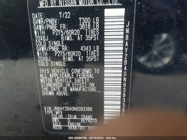2022 Nissan Armada, VIN: JN8AY2BA0N9393388