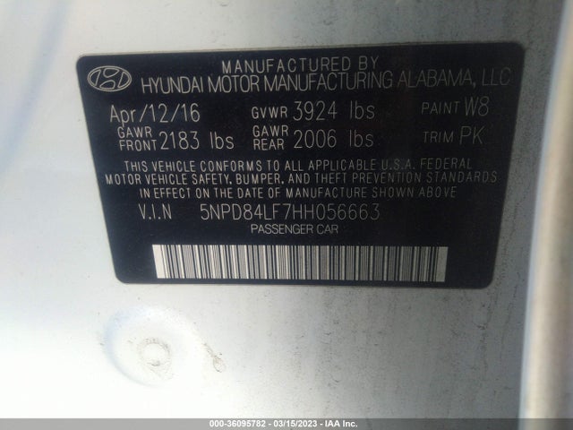 2017 HYUNDAI ELANTRA SE VIN: 5NPD84LF7HH056663