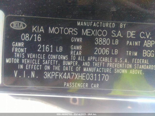 3KPFK4A7XHE031170 KIA FORTE LX