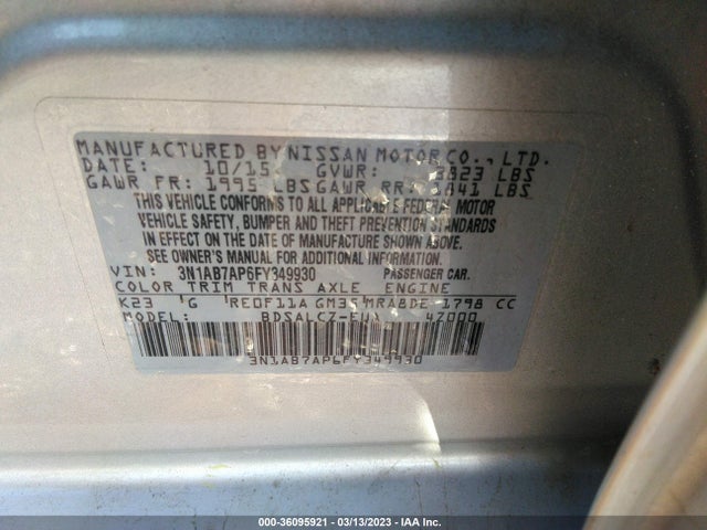 2015 NISSAN SENTRA S VIN: 3N1AB7AP6FY349930