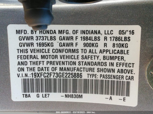 Honda Civic Sedan Ex 2016 19XFC2F73GE225886 Image 9
