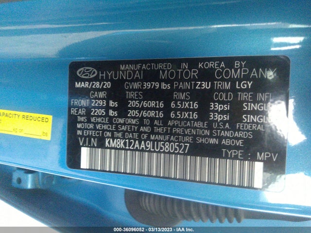 2020 HYUNDAI KONA SE VIN: KM8K12AA9LU580527