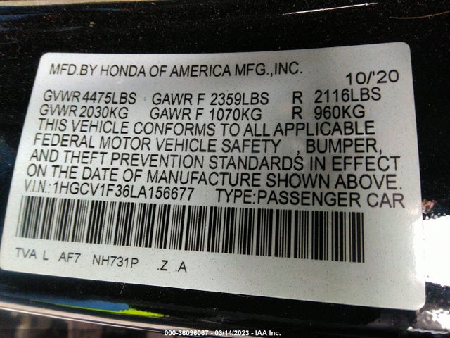 2020 HONDA ACCORD SEDAN SPORT VIN: 1HGCV1F36LA156677