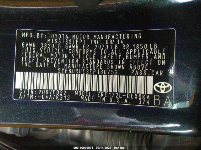 2015 TOYOTA COROLLA L/LE/S/S PLUS/LE PLUS VIN: 5YFBURHE3FP180753
