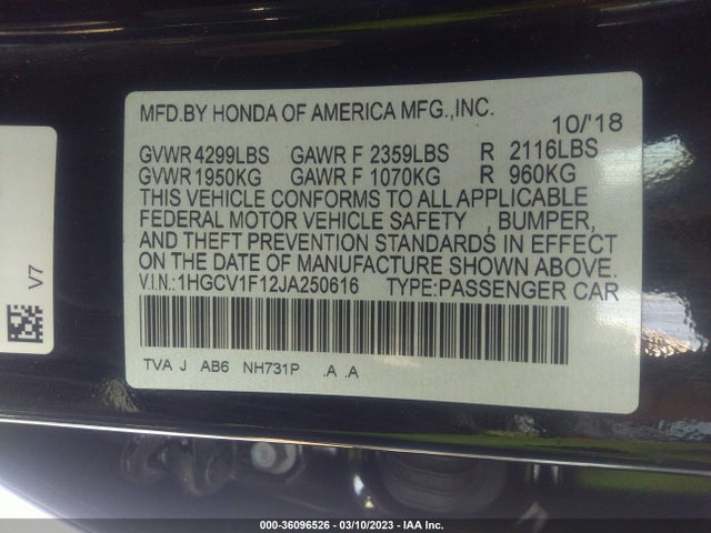 2018 HONDA ACCORD SEDAN LX 1.5T VIN: 1HGCV1F12JA250616