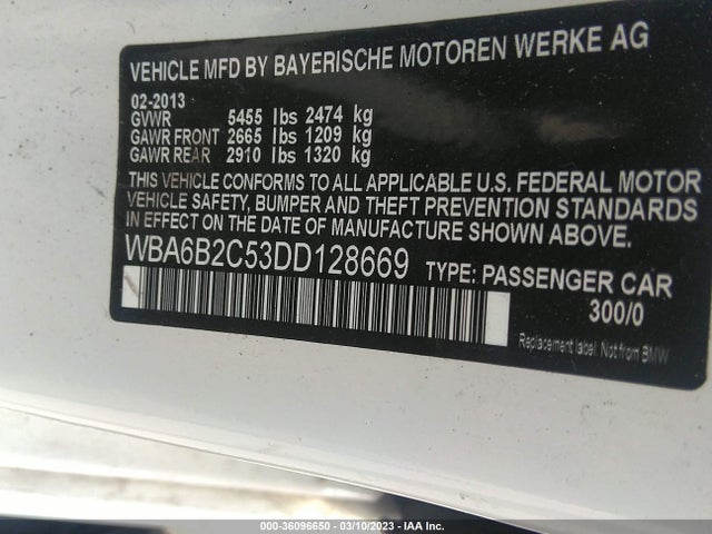 2013 BMW 6 SERIES 650I VIN: WBA6B2C53DD128669