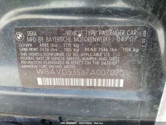 BMW 3 Series 335xi 2007 WBAVD53567A007020 Image 10