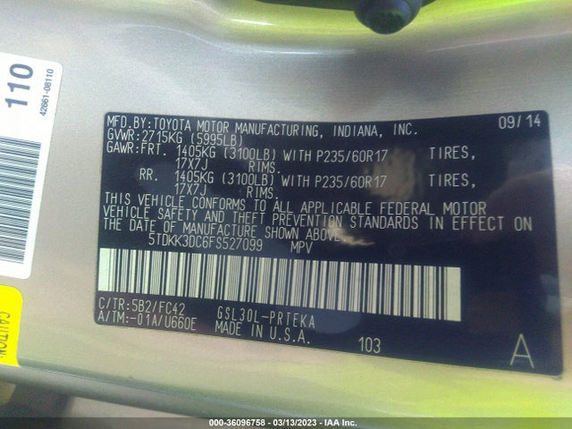 Toyota SIENNA LE 2015 5TDKK3DC6FS527099 Image 9