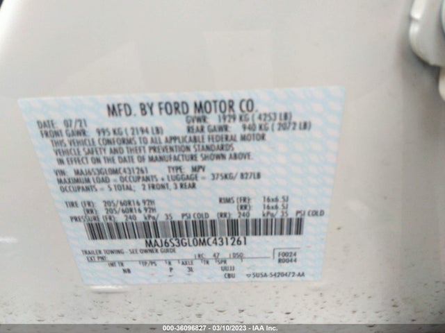 2021 FORD ECOSPORT SE VIN: MAJ6S3GL0MC431261
