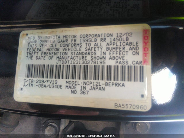 2003 TOYOTA ECHO VIN: JTDBT123130278195