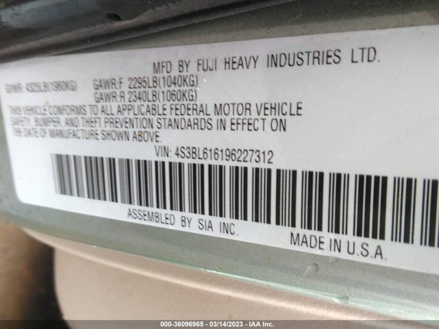 2009 SUBARU LEGACY SPECIAL EDITION VIN: 4S3BL616196227312