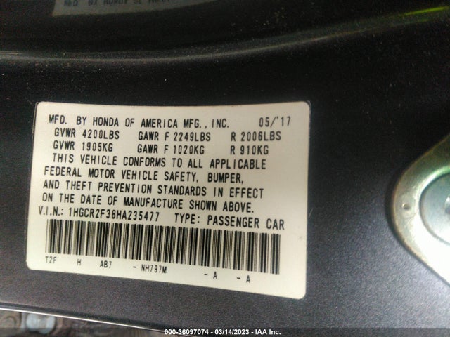 2017 HONDA ACCORD SEDAN LX VIN: 1HGCR2F38HA235477