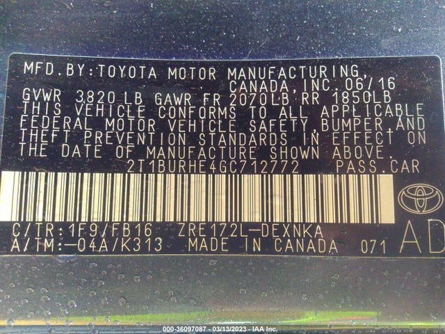 Toyota Corolla L/le/s/s Plus/le Plus 2016 2T1BURHE4GC712772 Image 10