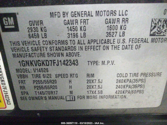 Chevrolet Traverse Lt 2015 1GNKVGKD7FJ142343 Image 10