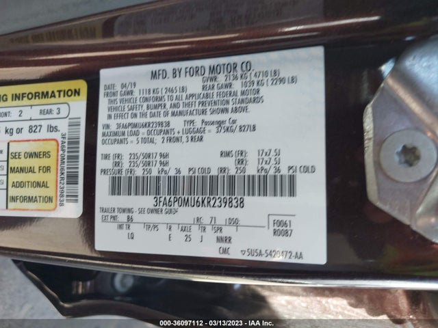 Ford Fusion Hybrid Sel 2019 3FA6P0MU6KR239838 Image 9