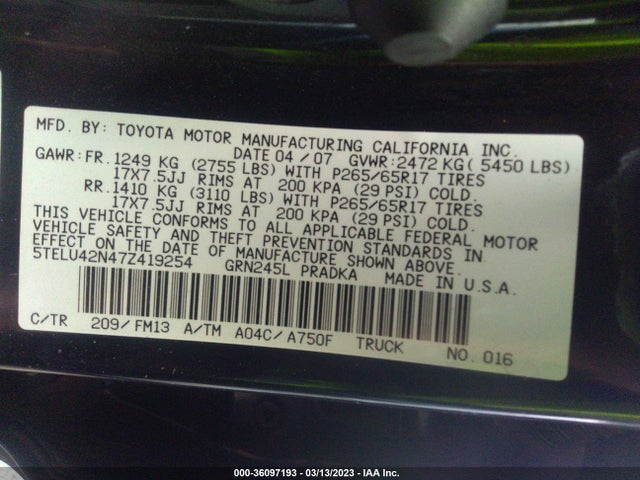 2007 TOYOTA TACOMA VIN: 5TELU42N47Z419254