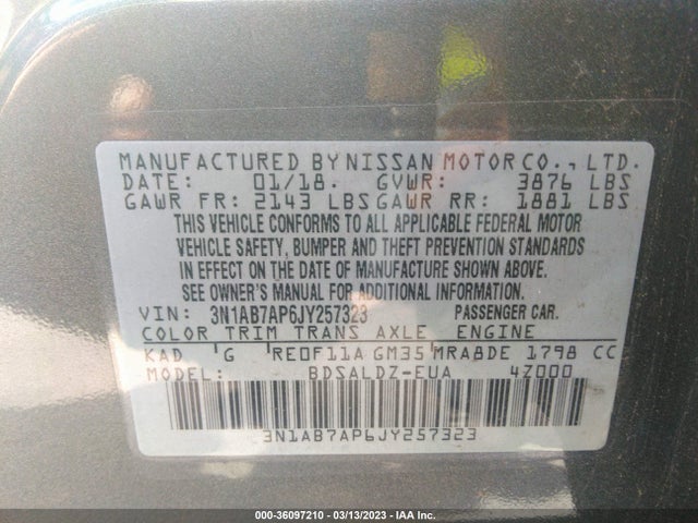 2018 NISSAN SENTRA SV VIN: 3N1AB7AP6JY257323