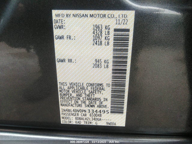 36097228 :رقم المزاد ، 1N4BL4DV0PN334495 vin ، 2023 Nissan Altima 2.5 Sv مزاد بيع