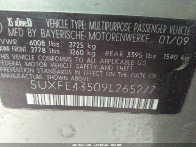 2009 BMW X5 30I VIN: 5UXFE43509L265277