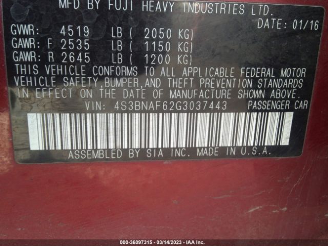 4S3BNAF62G3037443 Subaru Legacy 2.5i Premium
