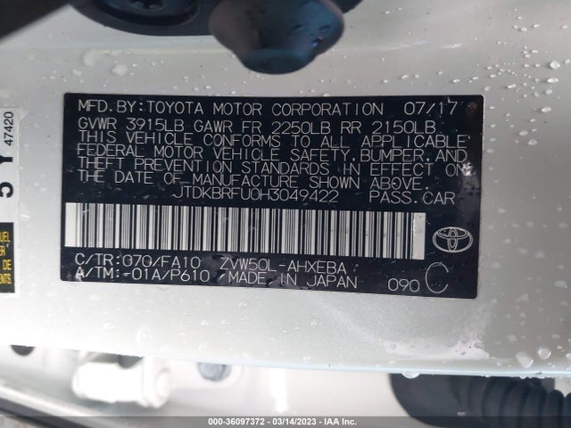 Toyota Prius Two/two Eco/three 2017 JTDKBRFU0H3049422 Image 9