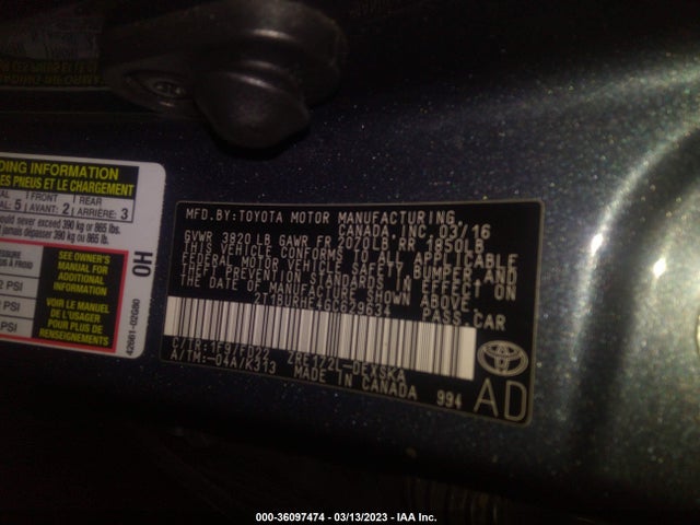 2016 TOYOTA COROLLA L/LE/S/S PLUS/LE PLUS VIN: 2T1BURHE4GC629634