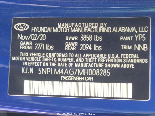 2021 HYUNDAI ELANTRA SEL VIN: 5NPLM4AG7MH008285