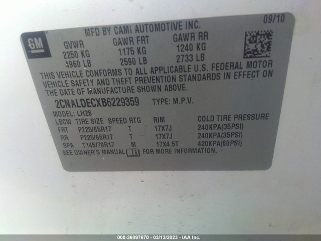 2011 CHEVROLET EQUINOX LT W/1LT VIN: 2CNALDECXB6229359