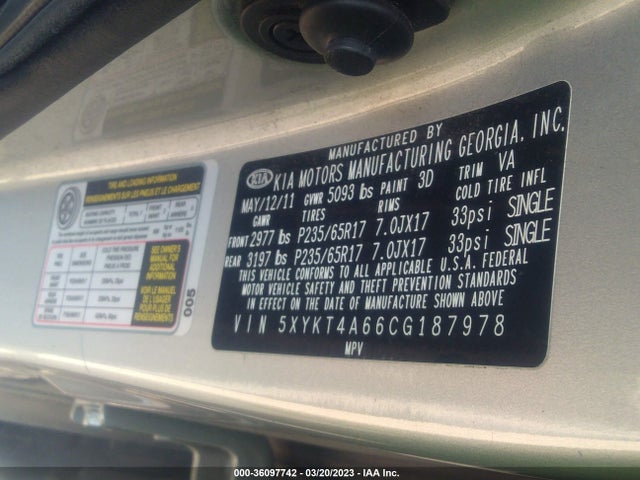 2012 KIA SORENTO LX VIN: 5XYKT4A66CG187978