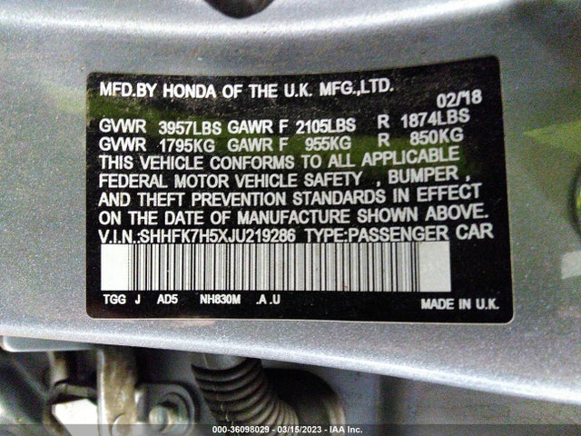 Honda Civic Hatchback Ex 2018 SHHFK7H5XJU219286 Image 11