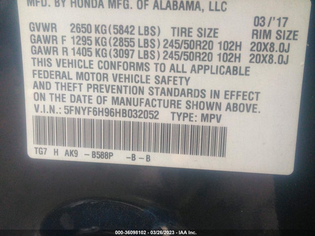 Honda Pilot Touring 2017 5FNYF6H96HB032052 Image 9