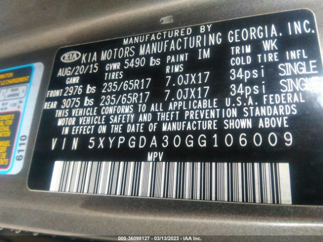 5XYPGDA30GG106009 KIA SORENTO LX