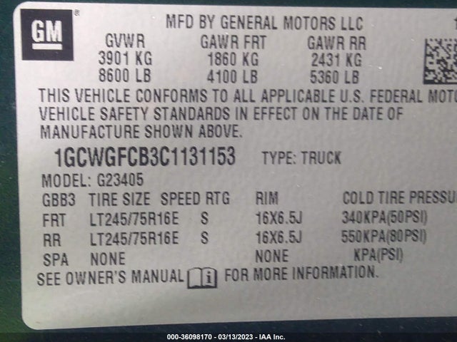 2012 CHEVROLET EXPRESS CARGO VAN VIN: 1GCWGFCB3C1131153