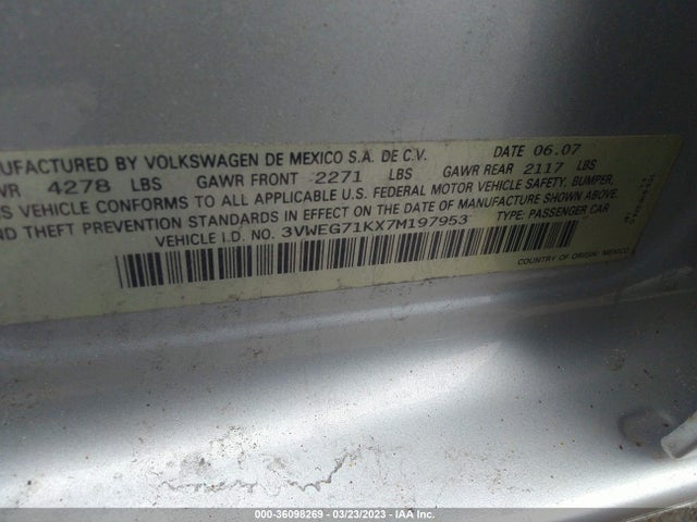 2007 VOLKSWAGEN JETTA SEDAN WOLFSBURG EDITION VIN: 3VWEG71KX7M197953