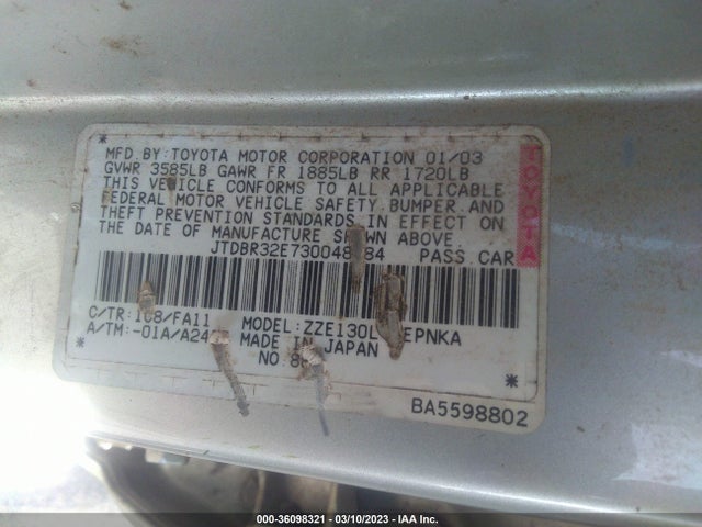 2003 TOYOTA COROLLA CE/LE VIN: JTDBR32E730048284