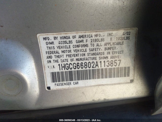 2002 HONDA ACCORD SDN SE/EX/EX W/LEATHER VIN: 1HGCG66802A113857