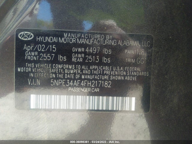 2015 HYUNDAI SONATA 2.4L SPORT VIN: 5NPE34AF4FH217182