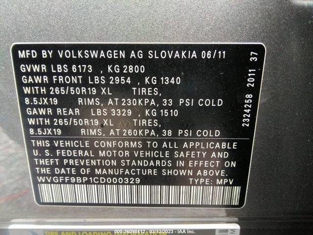 WVGFF9BP1CD000329 Volkswagen Touareg Lux