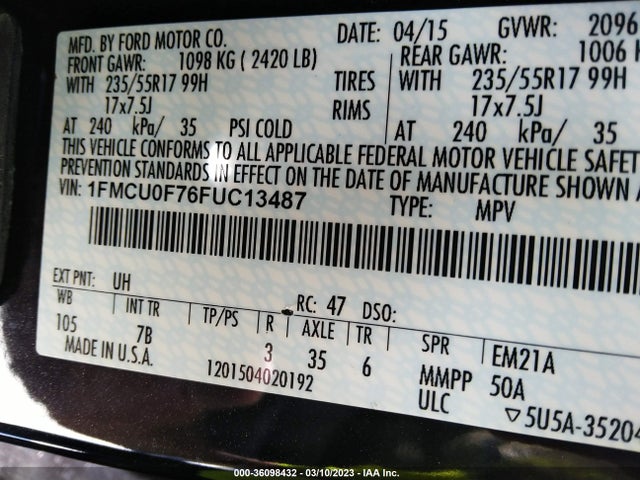 2015 FORD ESCAPE S VIN: 1FMCU0F76FUC13487