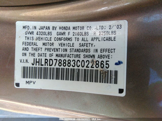 Honda CR-V EX 2003 JHLRD78883C022865 Image 10